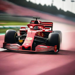 A dynamic and energetic image showcasing a Ferrari Formula 1 car in a race