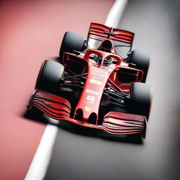 A dynamic and energetic image showcasing a Ferrari Formula 1 car in a race