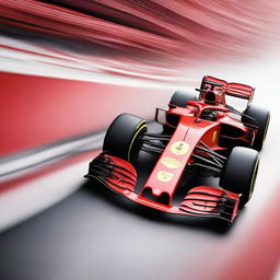 A dynamic and energetic image showcasing a Ferrari Formula 1 car in a race