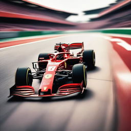 A dynamic and energetic image showcasing a Ferrari Formula 1 car in a race