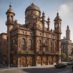 An Italian cityscape reimagined with a steampunk aesthetic, integrating brass accents, steam-powered mechanisms, and intricate cogs within the traditional Italian architecture.