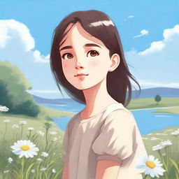 A young girl with telepathic abilities is standing in a serene, picturesque environment