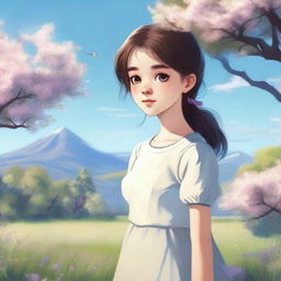 A young girl with telepathic abilities is standing in a serene, picturesque environment