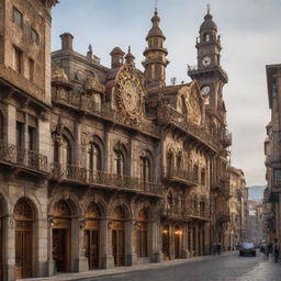 An Italian cityscape reimagined with a steampunk aesthetic, integrating brass accents, steam-powered mechanisms, and intricate cogs within the traditional Italian architecture.