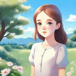 A young girl with telepathic abilities is standing in a serene, picturesque environment