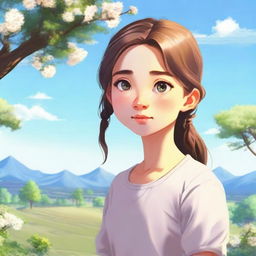 A young girl with telepathic abilities is standing in a serene, picturesque environment