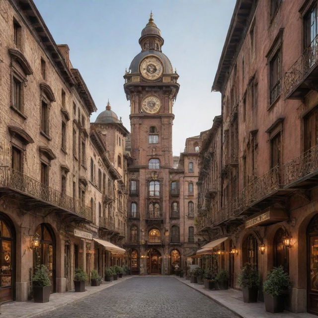 An Italian cityscape reimagined with a steampunk aesthetic, integrating brass accents, steam-powered mechanisms, and intricate cogs within the traditional Italian architecture.