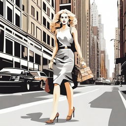 A detailed and stylish illustration of Carrie Bradshaw, the iconic character from Sex and the City