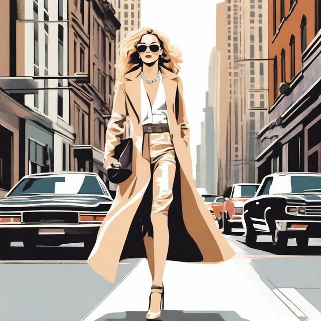 A detailed and stylish illustration of Carrie Bradshaw, the iconic character from Sex and the City