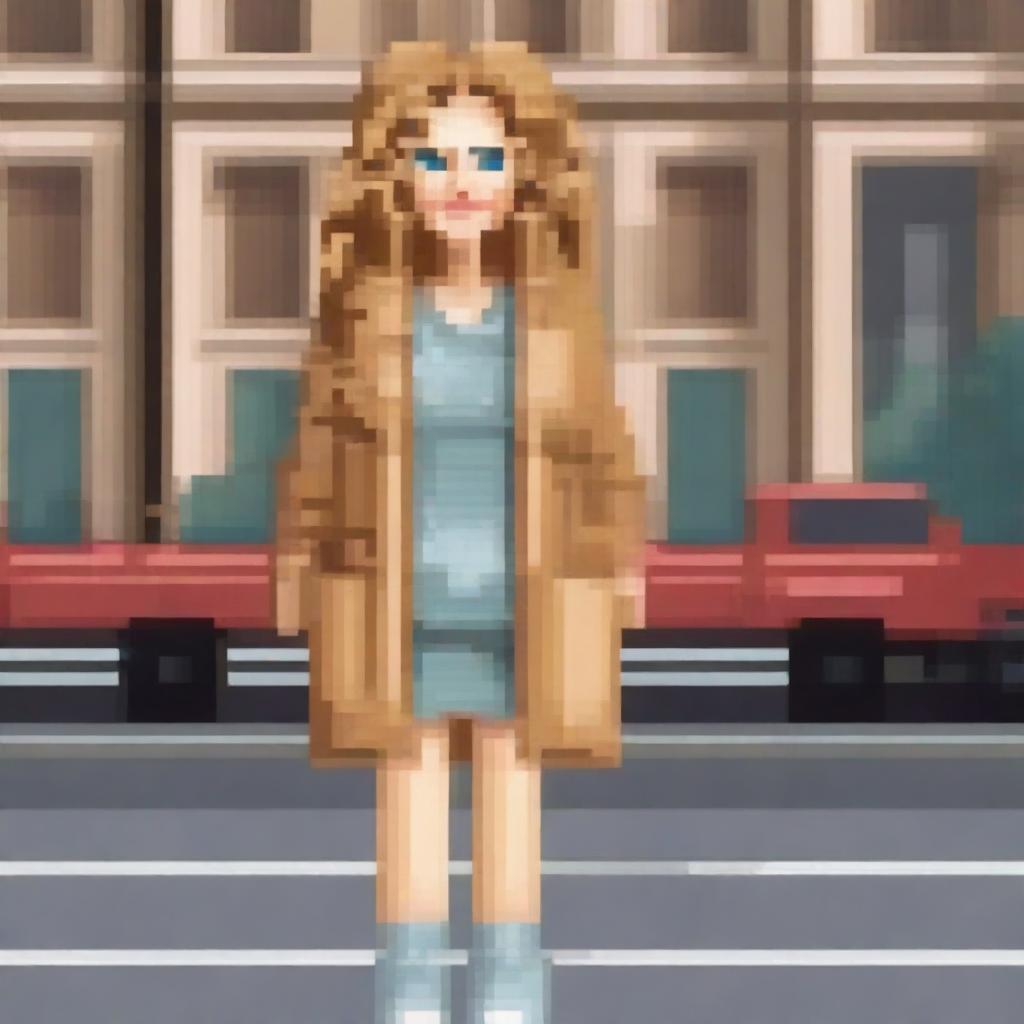 Create an image of Carrie Bradshaw from Sex and the City, depicted in a retro video game style with pixel art