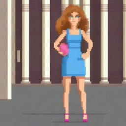 Create an image of Carrie Bradshaw from Sex and the City, depicted in a retro video game style with pixel art