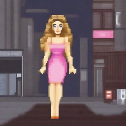 Create an image of Carrie Bradshaw from Sex and the City, depicted in a retro video game style with pixel art