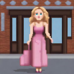 Create an image of Carrie Bradshaw from Sex and the City, depicted in a retro video game style with pixel art