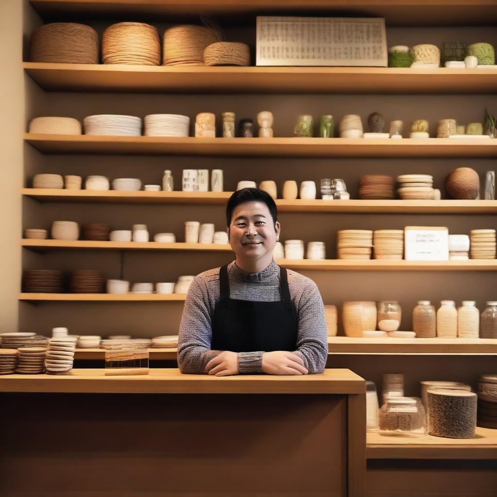 A cozy and inviting shop with a warm atmosphere, wooden shelves filled with various items, and a friendly shopkeeper behind the counter