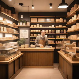 A cozy and inviting shop with a warm atmosphere, wooden shelves filled with various items, and a friendly shopkeeper behind the counter