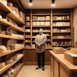 A cozy and inviting shop with a warm atmosphere, wooden shelves filled with various items, and a friendly shopkeeper behind the counter