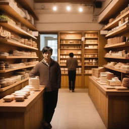 A cozy and inviting shop with a warm atmosphere, wooden shelves filled with various items, and a friendly shopkeeper behind the counter