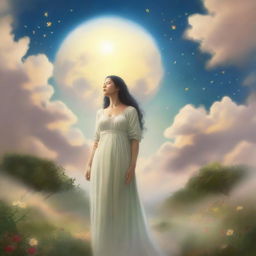 A serene image depicting a mother standing between the sky and the earth, symbolizing a story of love, loss, and hope