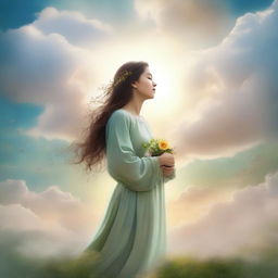 A serene image depicting a mother standing between the sky and the earth, symbolizing a story of love, loss, and hope