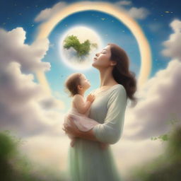 A serene image depicting a mother standing between the sky and the earth, symbolizing a story of love, loss, and hope