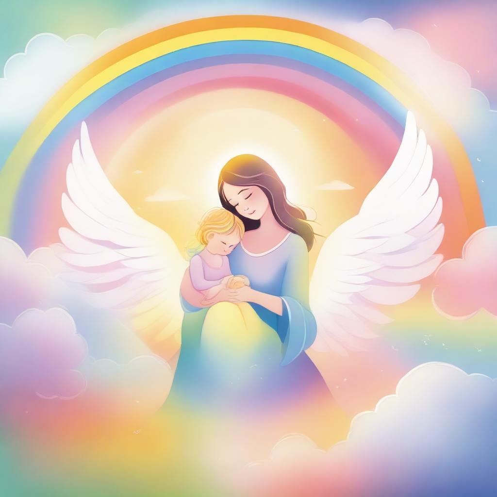 An illustration of a mother angel holding a rainbow baby, surrounded by other rainbow babies