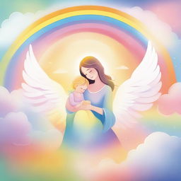 An illustration of a mother angel holding a rainbow baby, surrounded by other rainbow babies