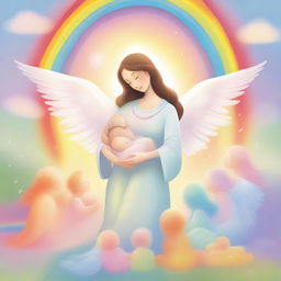 An illustration of a mother angel holding a rainbow baby, surrounded by other rainbow babies