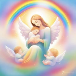 An illustration of a mother angel holding a rainbow baby, surrounded by other rainbow babies