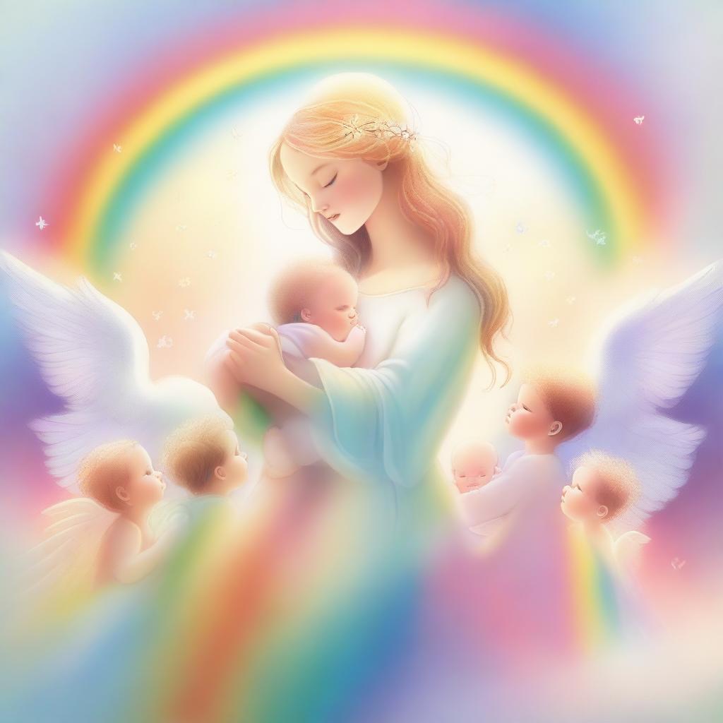 An illustration of a mother angel holding a rainbow baby, surrounded by other rainbow babies