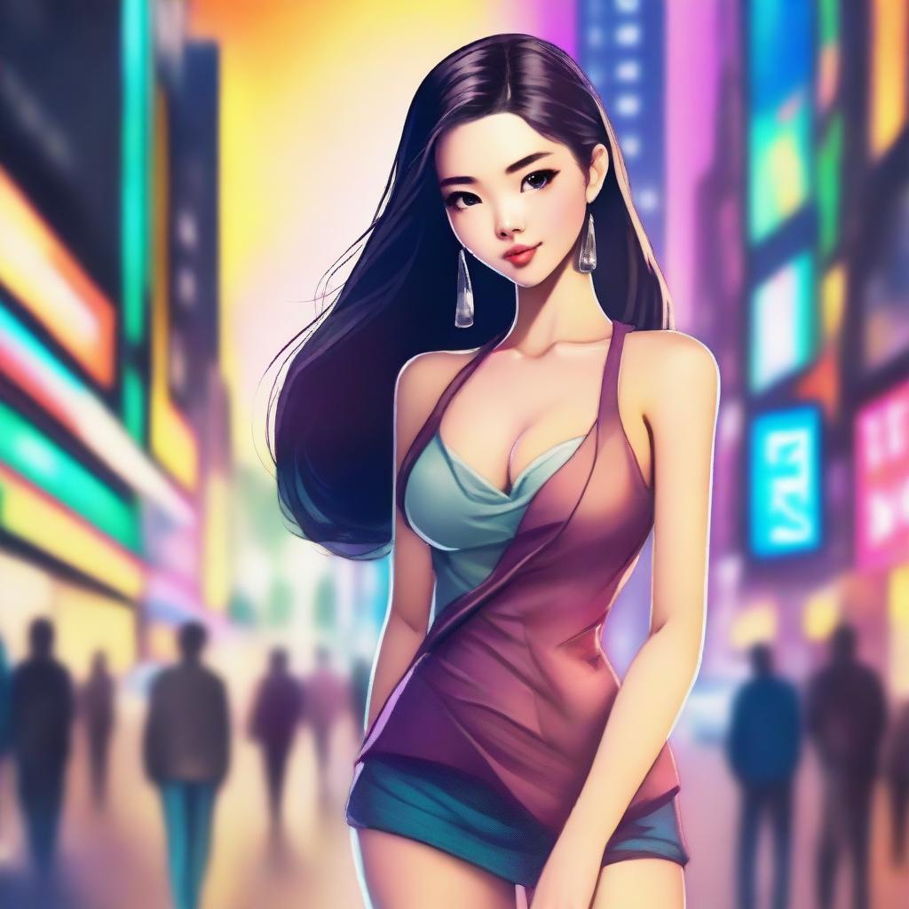 A beautifully drawn Asian girl with an hourglass-shaped body, wearing a stylish outfit that accentuates her figure