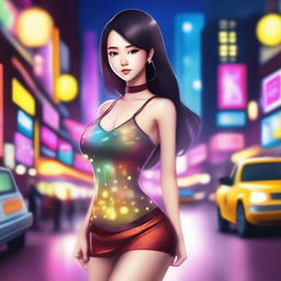 A beautifully drawn Asian girl with an hourglass-shaped body, wearing a stylish outfit that accentuates her figure