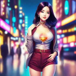 A beautifully drawn Asian girl with an hourglass-shaped body, wearing a stylish outfit that accentuates her figure