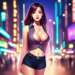 A beautifully drawn Asian girl with an hourglass-shaped body, wearing a stylish outfit that accentuates her figure