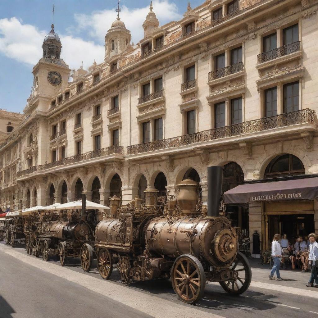 Monaco city styled in a steampunk theme, blending in unique elements of gears, steam-powered machinery, and brass accents strenuously coalesced with the city's historic and luxurious architectural flair.