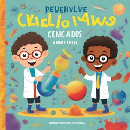 Capa de livro infantil sobre o incrível mundo das células, com dois cientistas curiosos