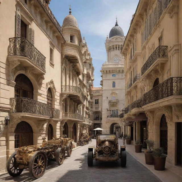 Monaco city styled in a steampunk theme, blending in unique elements of gears, steam-powered machinery, and brass accents strenuously coalesced with the city's historic and luxurious architectural flair.