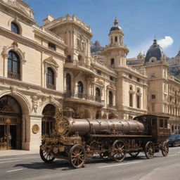 Monaco city styled in a steampunk theme, blending in unique elements of gears, steam-powered machinery, and brass accents strenuously coalesced with the city's historic and luxurious architectural flair.