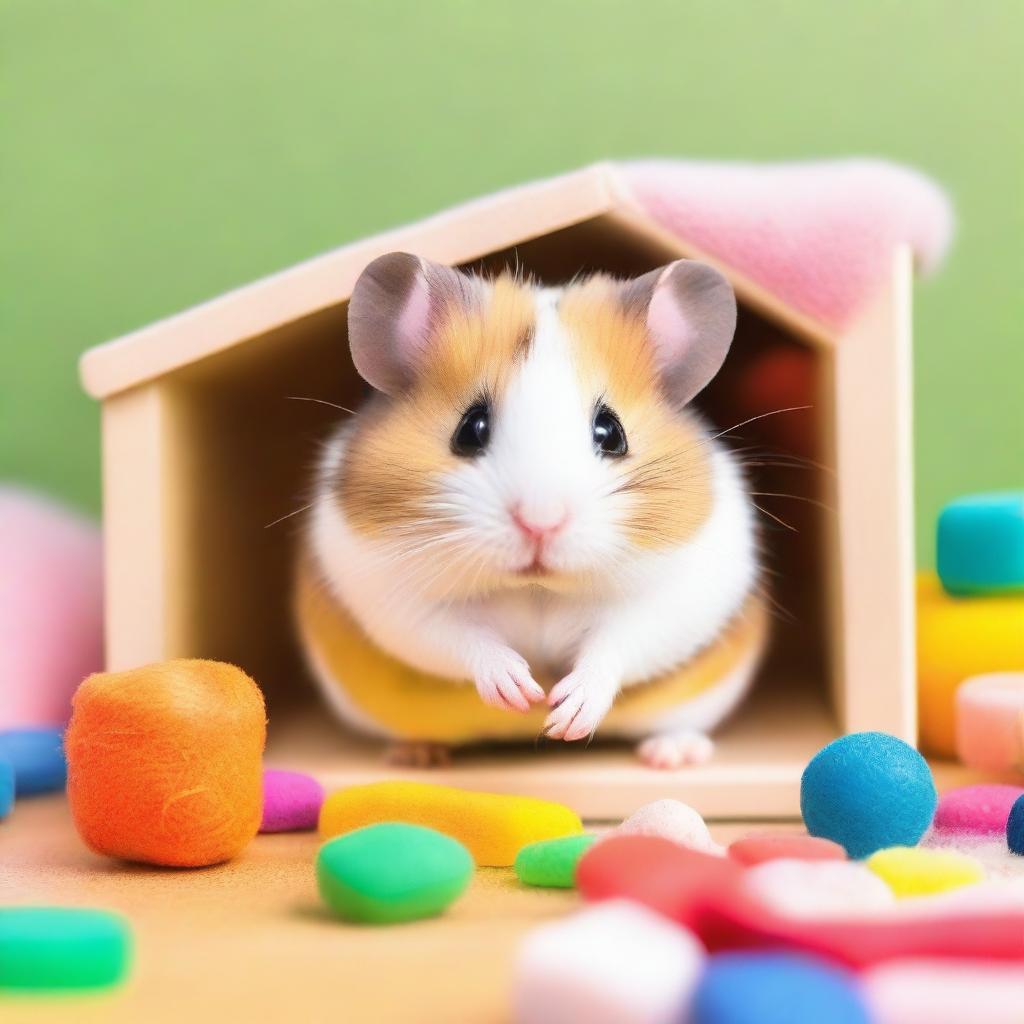 A cute hamster named Chica, with fluffy fur and tiny paws, sitting in a cozy little hamster house filled with colorful bedding and toys