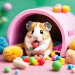 A cute hamster named Chica, with fluffy fur and tiny paws, sitting in a cozy little hamster house filled with colorful bedding and toys