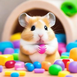 A cute hamster named Chica, with fluffy fur and tiny paws, sitting in a cozy little hamster house filled with colorful bedding and toys