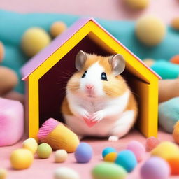 A cute hamster named Chica, with fluffy fur and tiny paws, sitting in a cozy little hamster house filled with colorful bedding and toys