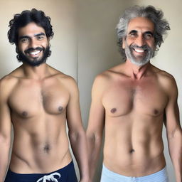 Crie uma imagem contendo um homem real de corpo inteiro do lado direito com um sorriso, e outro homem de corpo inteiro no lado esquerdo com uma expressão preocupada