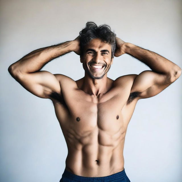 Crie uma imagem contendo um homem real de corpo inteiro do lado direito com um sorriso, e outro homem de corpo inteiro no lado esquerdo com uma expressão preocupada