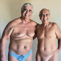 Crie uma imagem contendo um homem real de corpo inteiro do lado direito com um sorriso, e outro homem de corpo inteiro no lado esquerdo com uma expressão preocupada