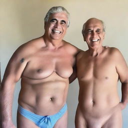 Crie uma imagem contendo um homem real de corpo inteiro do lado direito com um sorriso, e outro homem de corpo inteiro no lado esquerdo com uma expressão preocupada