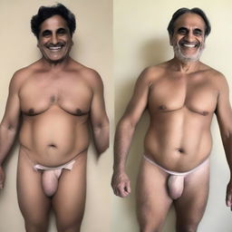 Crie uma imagem contendo um homem real de corpo inteiro do lado direito com um sorriso, e outro homem de corpo inteiro no lado esquerdo com uma expressão preocupada