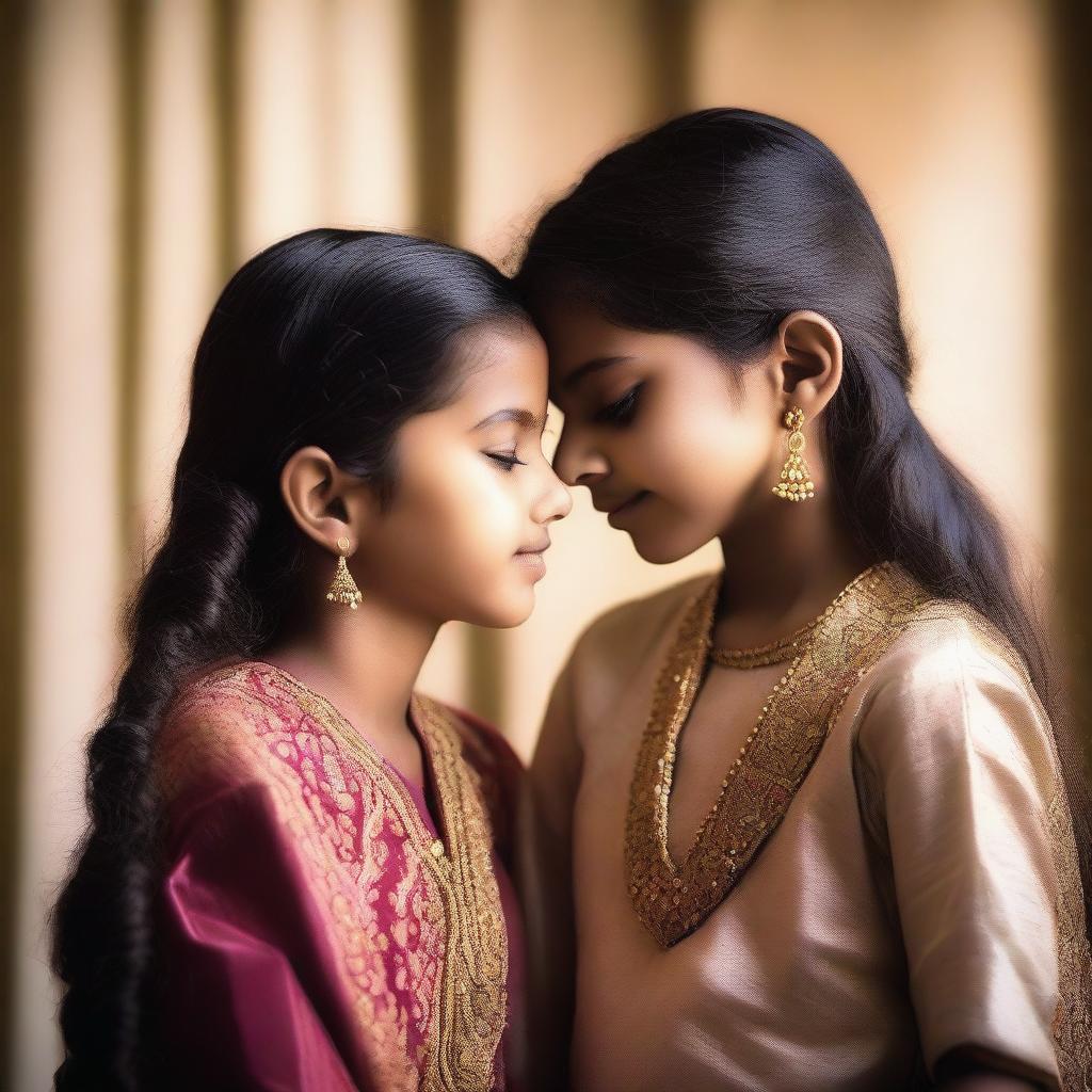 A heartwarming scene of an Indian sister gently kissing her younger sister on the forehead with care and affection