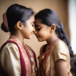 A heartwarming scene of an Indian sister gently kissing her younger sister on the forehead with care and affection