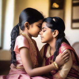 A heartwarming scene of an Indian sister gently kissing her younger sister on the forehead with care and affection