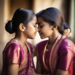 A heartwarming scene of an Indian sister gently kissing her younger sister on the forehead with care and affection